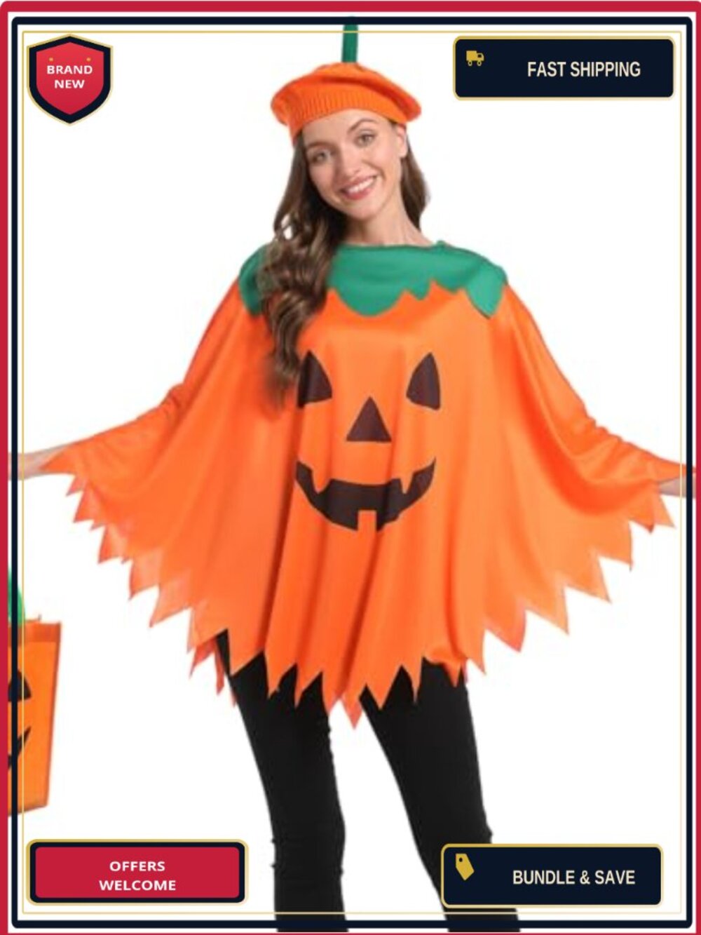 Pumpkin Costume 3 Piece Set with Poncho Beret and Candy Bag Halloween Cosplay